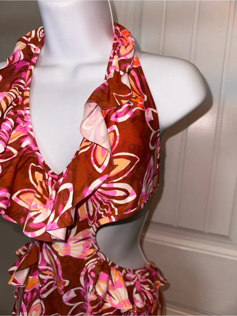 NWT Aerie Size Large Floral Halter Cutout One-Piece Swimsuit Ruffles Pink Brown